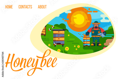 Beekeeping and honey web template with honey hives, sun, beekeeper and bees, vector illustration. Layout landing page template with honey and apiary.