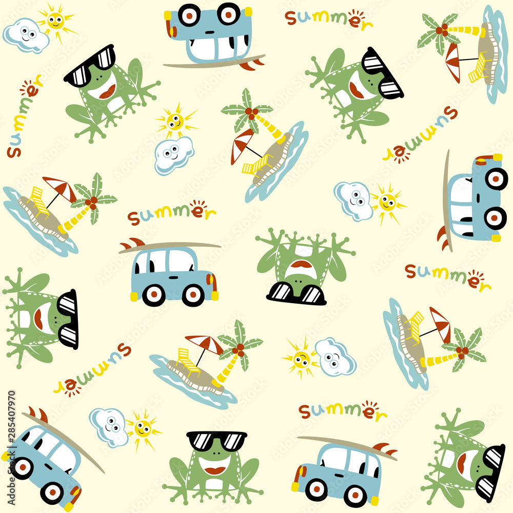 Obraz premium vector cartoon seamless pattern with frog, car at summer