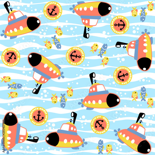 vector cartoon seamless pattern of submarine with fishes underwater