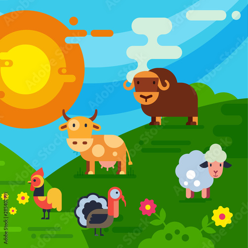 Farm animals and birds or stockyard vector illustration. Cartoon cow, sheep and bull, turkey and chicken on green field with flowers and sun and clouds. Stockyard animals for kids book. © creativeteam