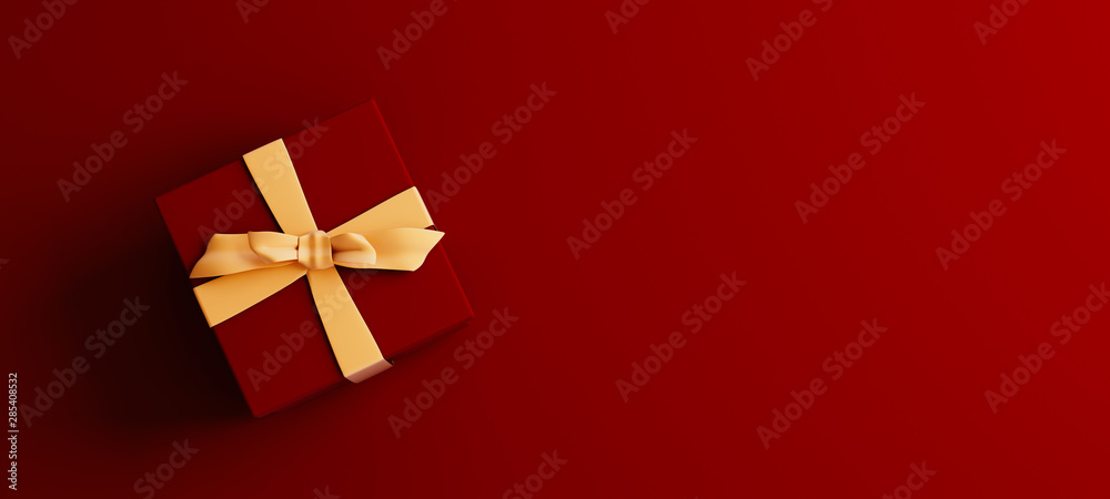 Mock-up poster, dark red colored gift box with golden bow on dark red background, 3D Render, 3D Illustration - obrazy, fototapety, plakaty 