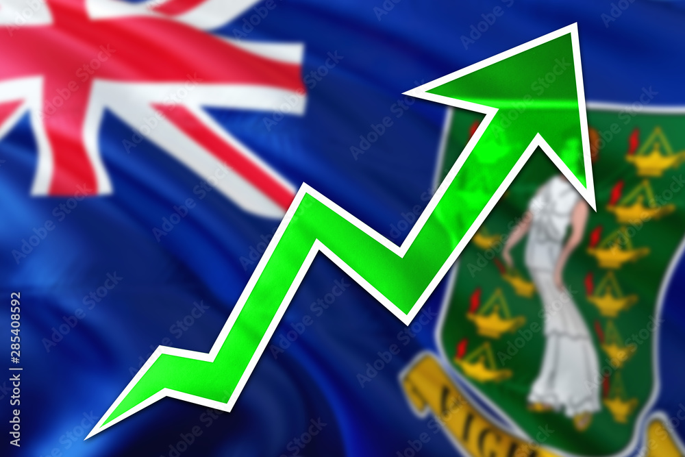Fototapeta premium British Virgin Islands economy graph is indicating positive growth, green arrow going up with trend line. Business concept on national background.