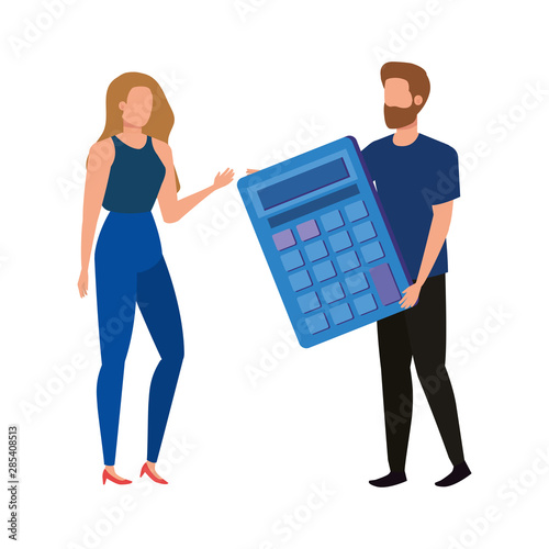 young couple with calculators characters