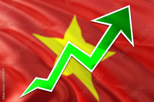 Vietnam economy graph is indicating positive growth, green arrow going up with trend line. Business concept on national background.