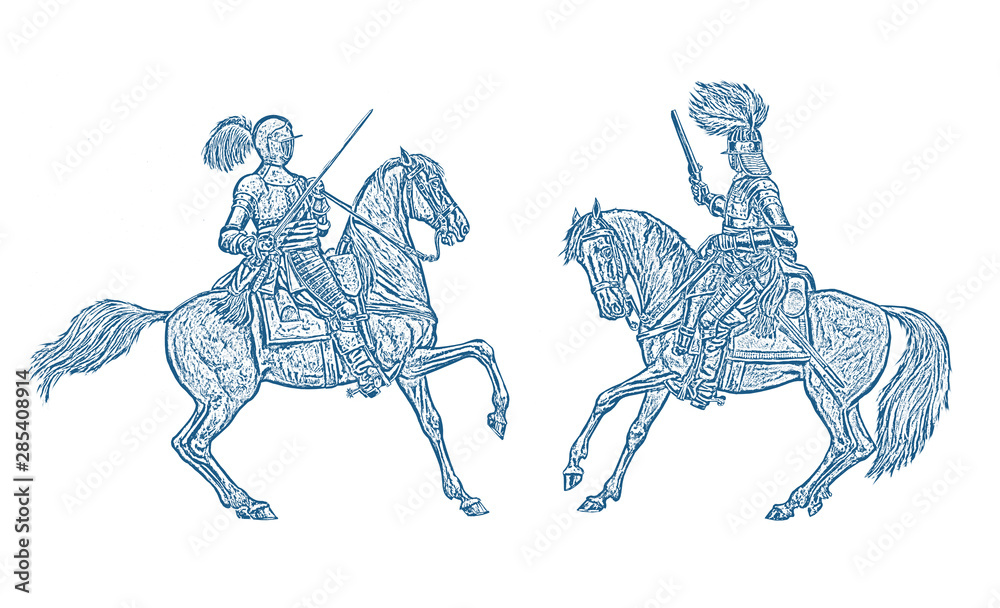 Fototapeta premium Mounted knights illustration. Mounted cuirassier from thirty years war. Historical drawing. 