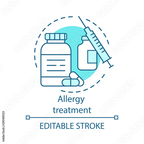 Allergy treatment concept icon. Vaccination and immunization idea thin line illustration. Allergic diseases prevention. Pills bottle, vaccine, syringe. Vector isolated outline drawing. Editable stroke