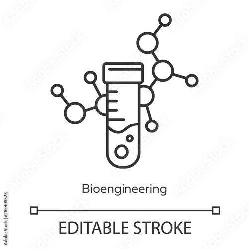 Bioengineering linear icon. Biological engineering. Test tube and molecule. Biochemistry, biotechnology. Thin line illustration. Contour symbol. Vector isolated outline drawing. Editable stroke