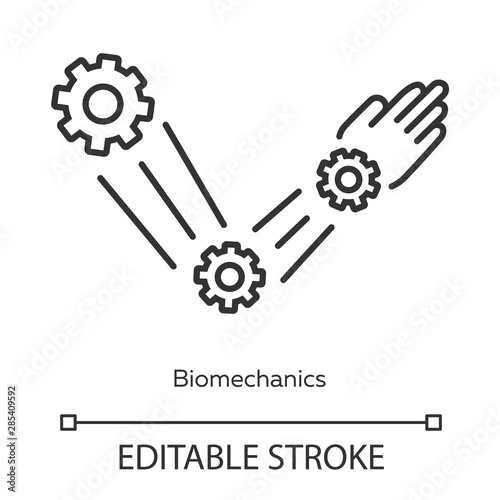 Biomechanics linear icon. Studying and copying body movements. Robot arm. Bioengineering. Thin line illustration. Contour symbol. Vector isolated outline drawing. Editable stroke