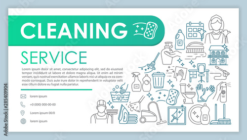 Cleaning service web banner, business card vector template. Housekeeping company contact page with phone, email linear icons. Presentation, web page idea. Cleaners corporate print design layout