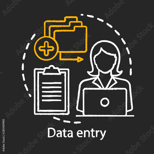Data entry chalk icon. Typist, transcriber, clerk. Entering information into computer system. Part-time employment, freelance. Secretary, personal assistant. Isolated vector chalkboard illustration