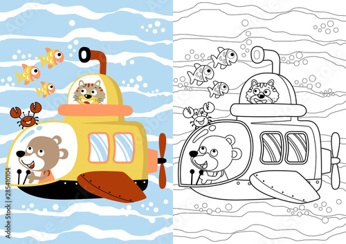 underwater trip with submarine and cute animals, vector cartoon, coloring page or book