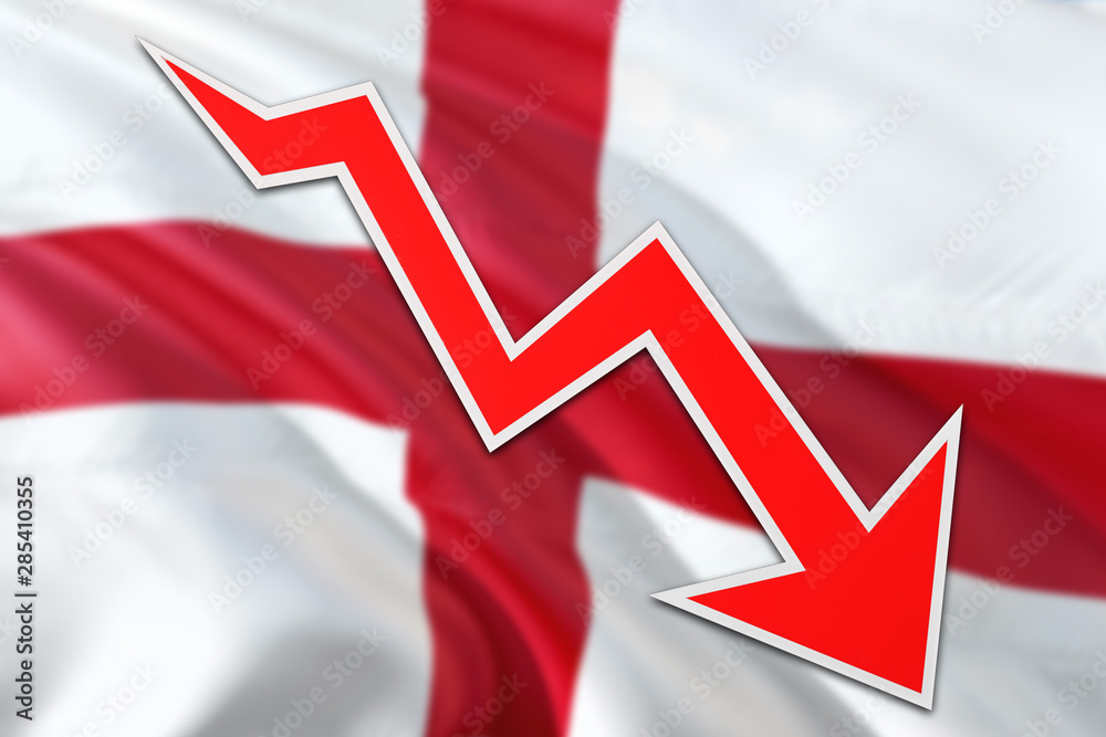 England economy graph is indicating negative growth, red arrow going down with trend line. Business concept on national background. England economy graph is indicating negative growth, red arrow going down with trend line. Business concept on national background.