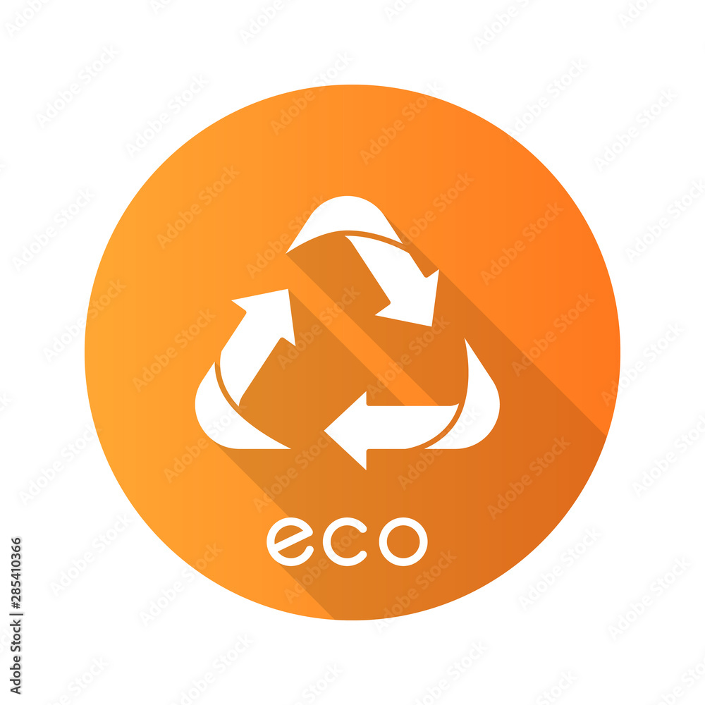 Eco label yellow flat design long shadow glyph icon. Three angled arrows. Recycle symbol. Alternative energy. Environmental protection sticker. Eco friendly chemicals. Vector silhouette illustration Eco label yellow flat design long shadow glyph icon. Three angled arrows. Recycle symbol. Alternative energy. Environmental protection sticker. Eco friendly chemicals. Vector silhouette illustration