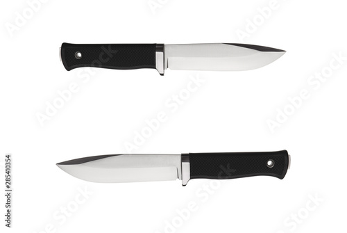 Modern hunting knife with rubber handle isolated on white background.