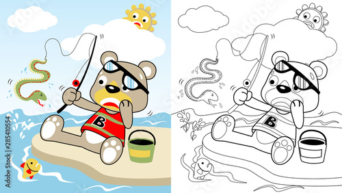 vector cartoon of humor fishing with funny bear, coloring page or book
