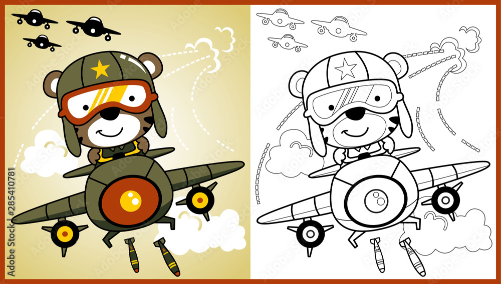 vector cartoon of animal soldier on military aircraft, coloring page or ...