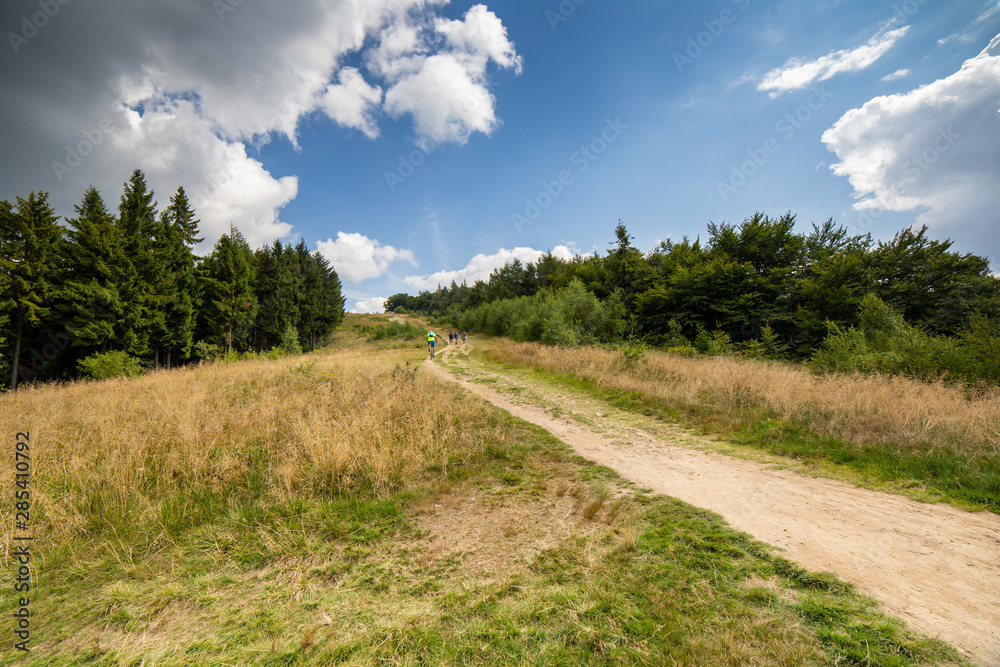 Fototapeta premium Tourists and bikers on mountain trail in Polish Beskid Mountains to Jaworzyna Krynicka near Krynica in Poland