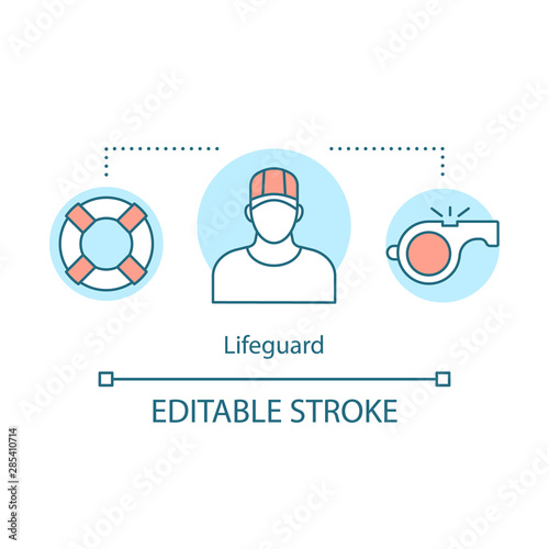 Lifeguard concept icon. Professional rescuer idea thin line illustration. Summer part time job. Lifeguard equipment, ring buoy, whistle. Vector isolated outline drawing. Editable stroke