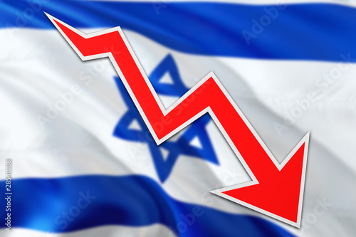 Israel economy graph is indicating negative growth, red arrow going down with trend line. Business concept on national background.
