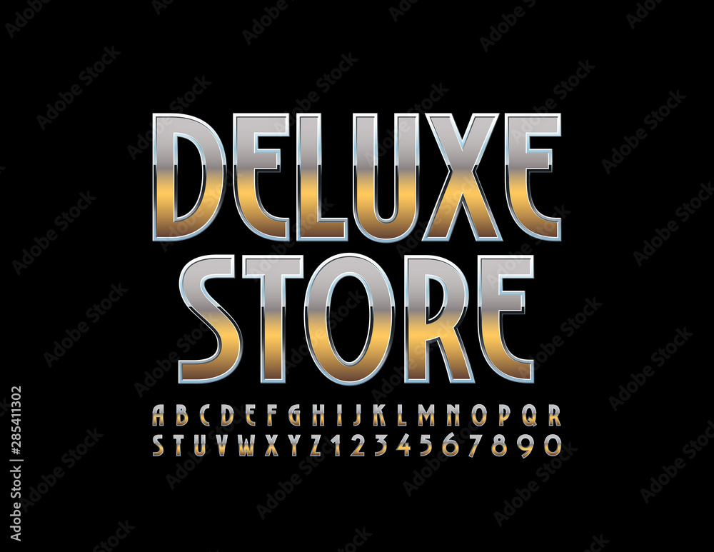 Vector chic Sign Deluxe Store. Elegant stylish Font. Golden Alphabet Letters and Numbers.