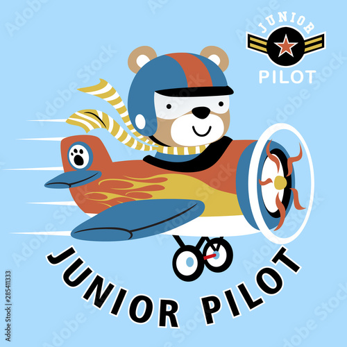 bear the junior pilot on plane, vector cartoon illustration