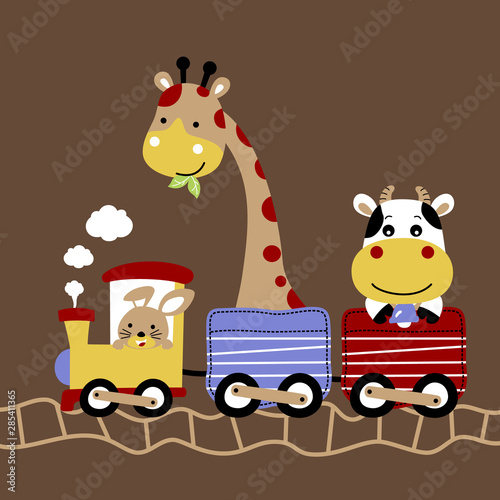 cute animals holiday with steam train  vector cartoon illustration