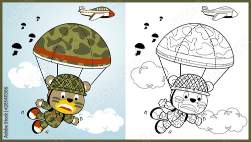 funny paratroopers on the sky, vector cartoon illustration, coloring book or page