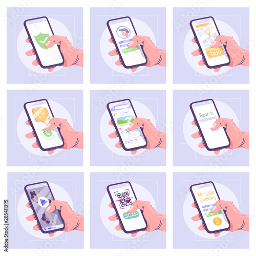 Smartphone apps flat vector illustrations set. Modern mobile technology cartoon concept. Various applications interface idea. Users hands holding cell phones. Business and entertainment attribute