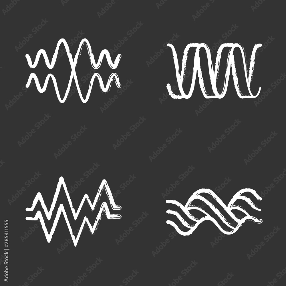Sound waves chalk icons set. Audio waves. Music frequency. Voice line, overlapping soundwaves. Abstract digital waveform. Rhythm, beat, pulse. Radio signal. Isolated vector chalkboard illustrations Sound waves chalk icons set. Audio waves. Music frequency. Voice line, overlapping soundwaves. Abstract digital waveform. Rhythm, beat, pulse. Radio signal. Isolated vector chalkboard illustrations