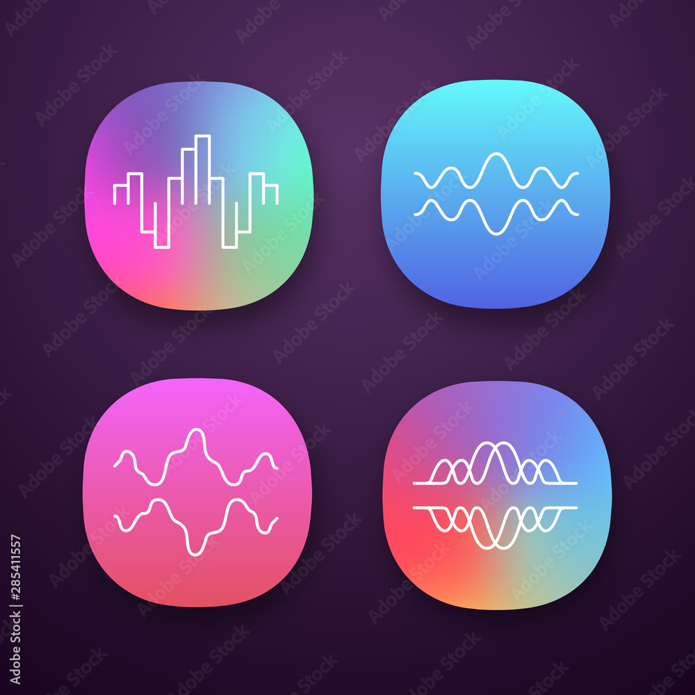 Sound waves app icons set. Audio, music, radio signal waves. Vibration,  synergy, motion lines. Digital curve soundwaves. UI/UX user interface. Web  or mobile applications. Vector isolated illustrations Stock Vector | Adobe  Stock
