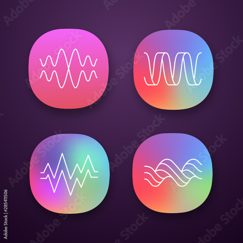 Sound waves app icons set. Audio waves. Music frequency. Voice line, overlapping soundwaves. Abstract digital waveform. UI/UX user interface. Web or mobile applications. Vector isolated illustrations