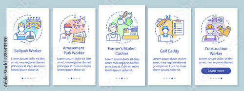Summer part-time jobs onboarding mobile app page screen with linear concepts. Construction worker, caddy, cashier walkthrough steps graphic instructions. UX, UI, GUI vector template with illustrations