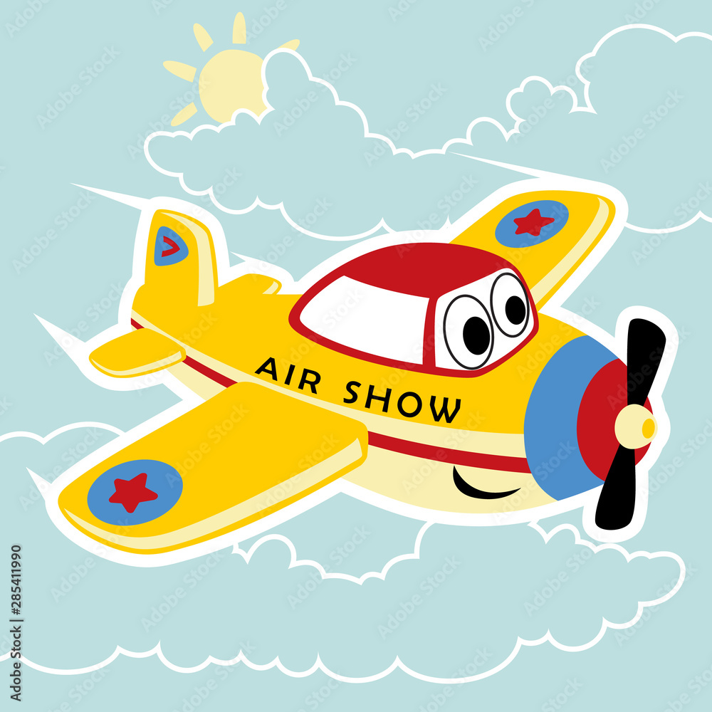smiling yellow plane, vector cartoon illustration