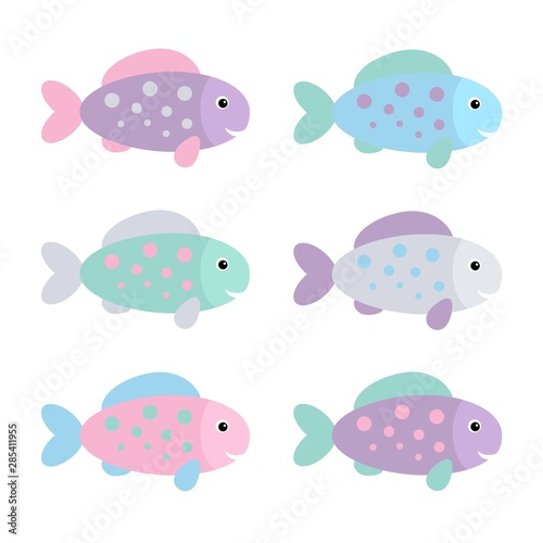 Set of Colorful Fishes. Vector Illustration. Cartoon Style. Decorative Design for Sea Life Illustrations. Posters, Cards, Banners, Fashion. Pastel colors