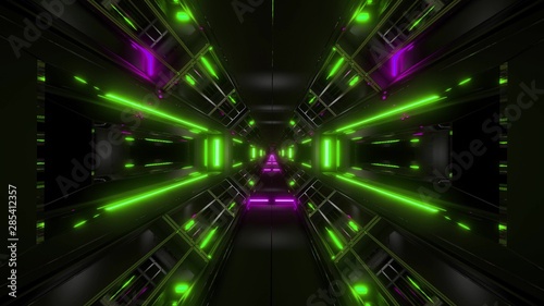 dark space sci-fi tunnel airship corridor fly through vj loop 3d illustration with green purple glow