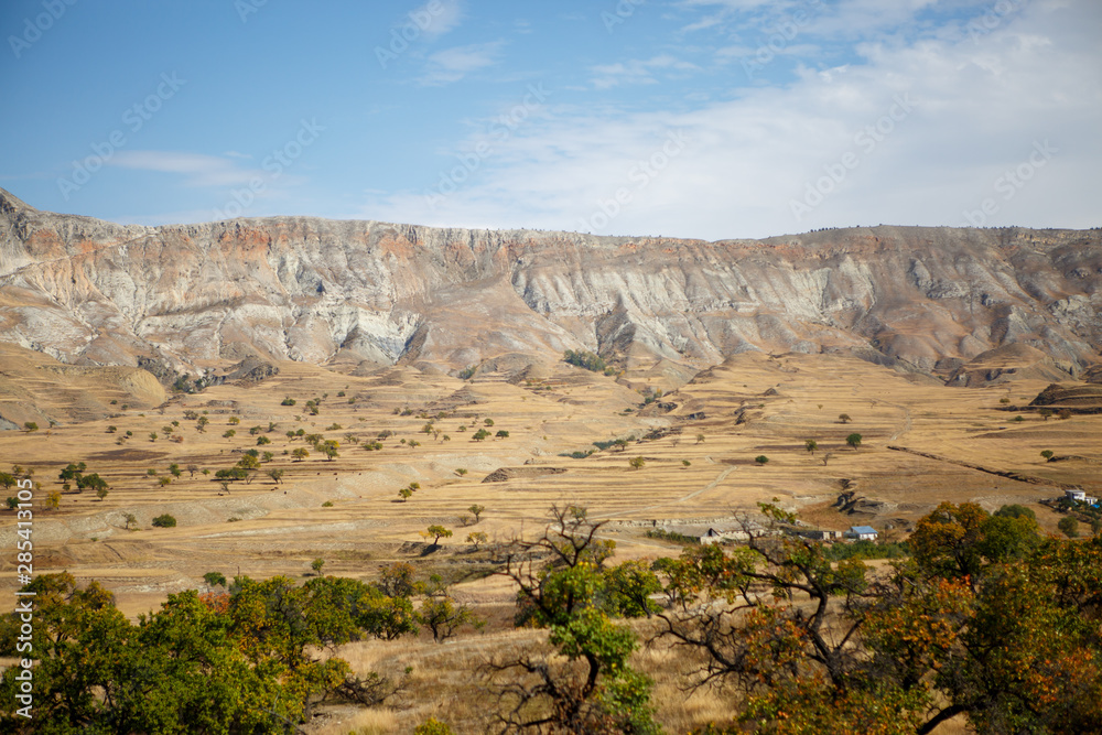 Image of picturesque mountain area, green trees, blue cloudy sky