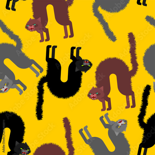 Angry cat pattern seamless. Attacker pet background. Animal vector texture