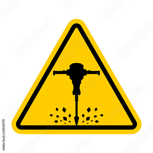 Attention Roadworks. Caution Jackhammer. Yellow triangle road sign