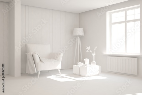 Fototapeta Naklejka Na Ścianę i Meble -  Mock up of stylish room in white color with armchair. Scandinavian interior design. 3D illustration
