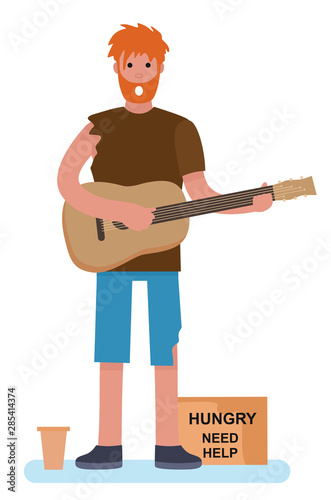 homeless man beggar playing guitar tramp begging for help. homeless. jobless concept. cartoon style vector illustration isolated on white background.