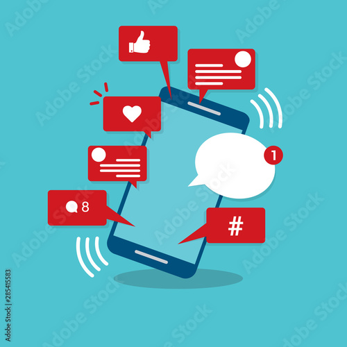 Viral content, social activity and smm - likes, shares and comments popping up on the mobile screen. Vector illustration