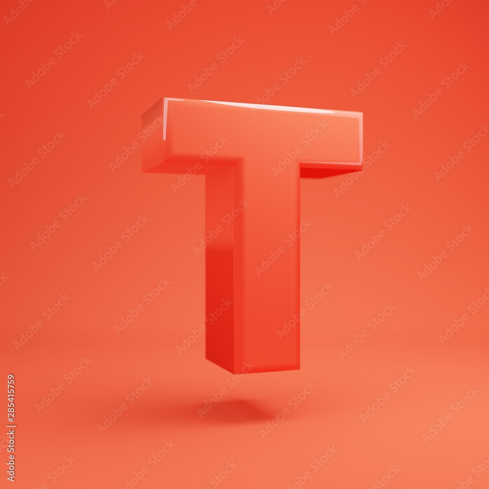Letter T uppercase. Living Coral font with glossy reflections and shadow Letter T uppercase. Living Coral font with glossy reflections and shadow