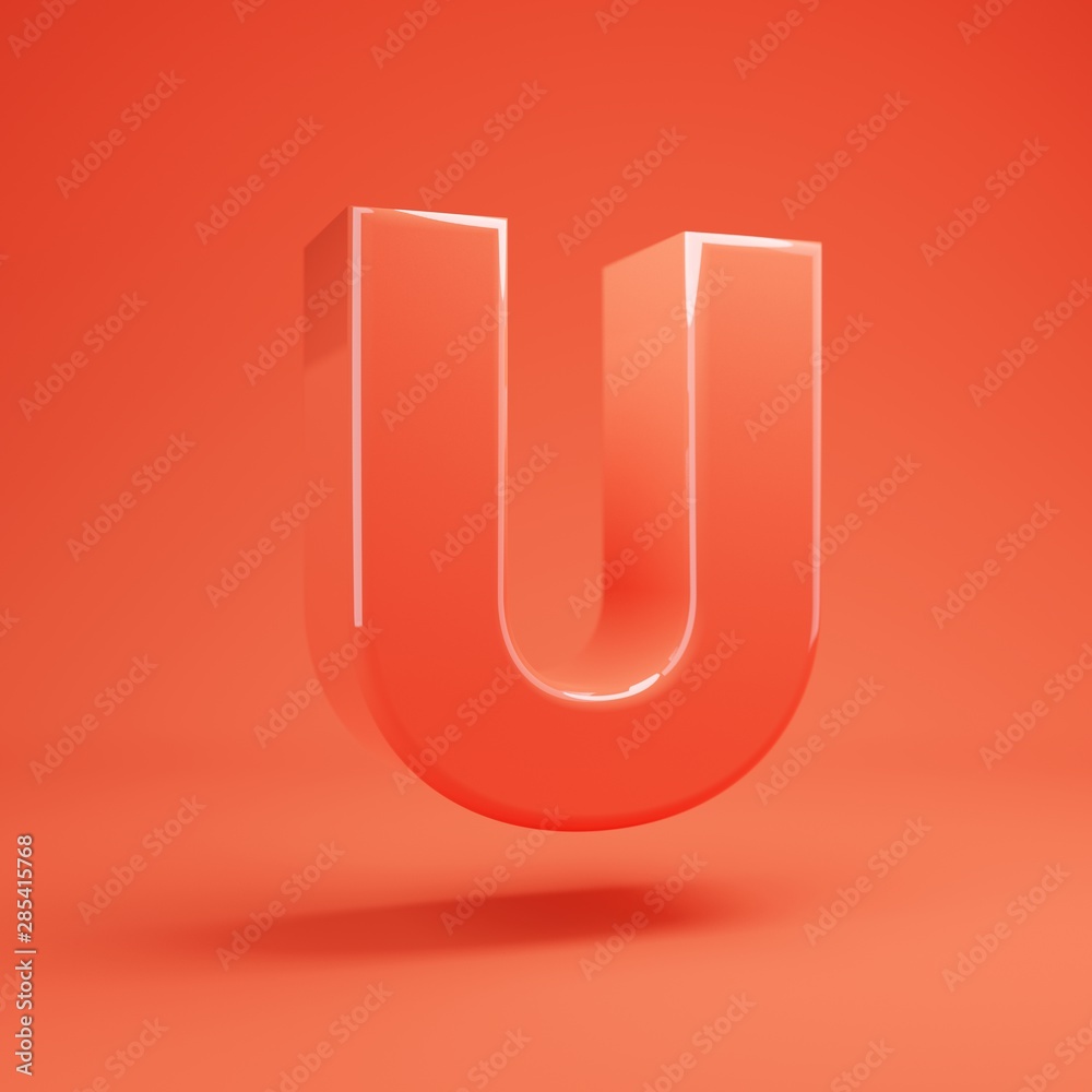 Letter U uppercase. Living Coral font with glossy reflections and shadow Letter U uppercase. Living Coral font with glossy reflections and shadow