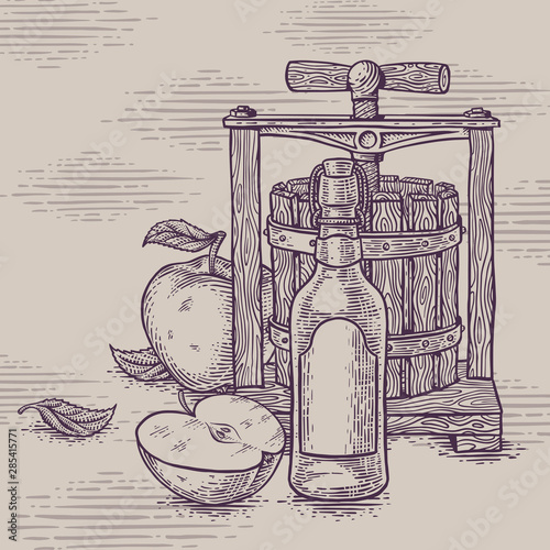 Set of hadcrafted apple cidre theme illustrations. Line art style drawing.