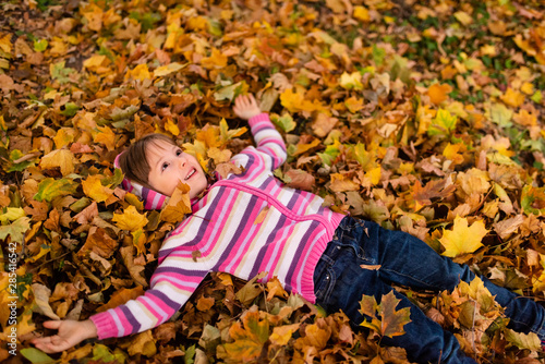 Smiling girl resting on the autumn leaves