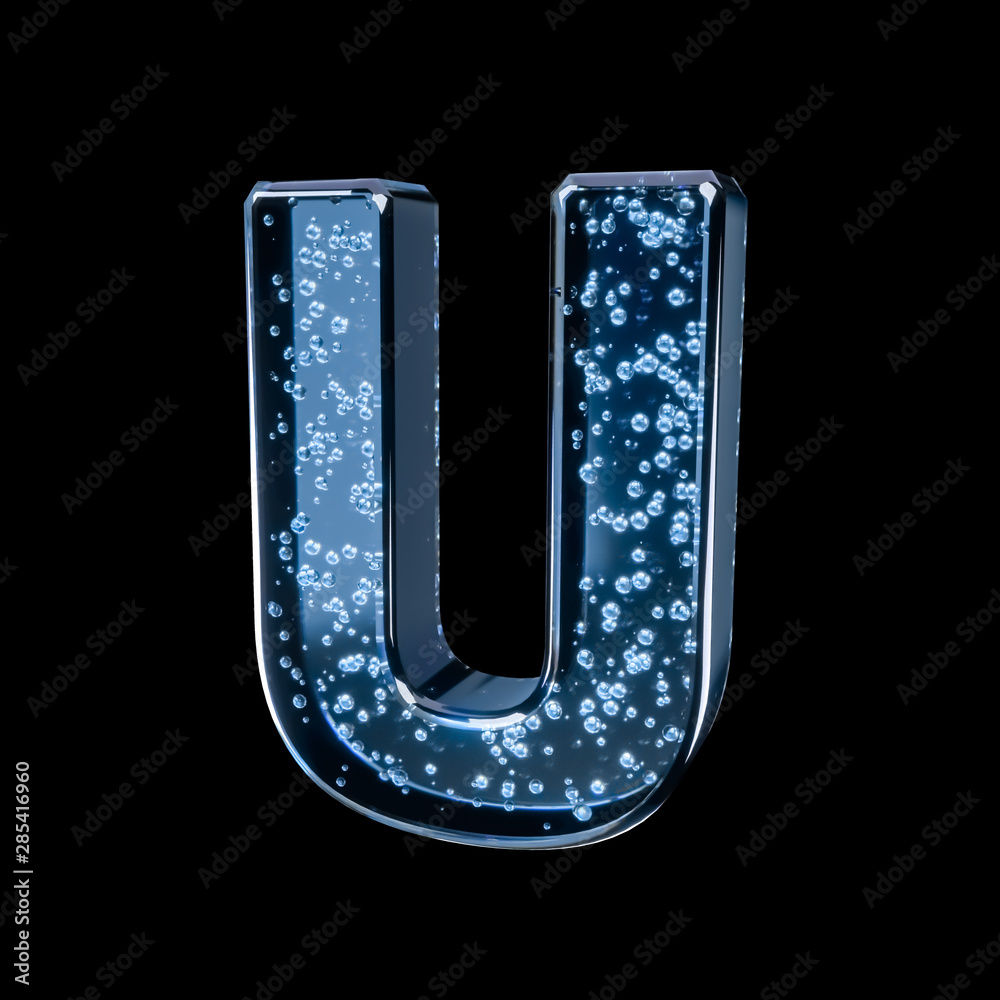 Blue water alphabet with bubbles inside isolated on black background (Letter U). Crystal clear font. 3D rendering. For advertisement, party, event, placard, celebration, announcement, sale, promotion. Blue water alphabet with bubbles inside isolated on black background (Letter U). Crystal clear font. 3D rendering. For advertisement, party, event, placard, celebration, announcement, sale, promotion.