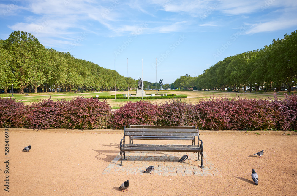 An empty bench in Jasne Blonia park in Szczecin, Poland