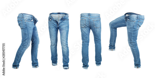 Blank empty jeans pants leftside, rightside, frontside and backside in moving isolated on a white background photo