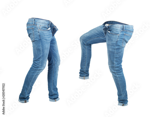 Blank empty jeans pants leftside and rightside in moving isolated on a white background