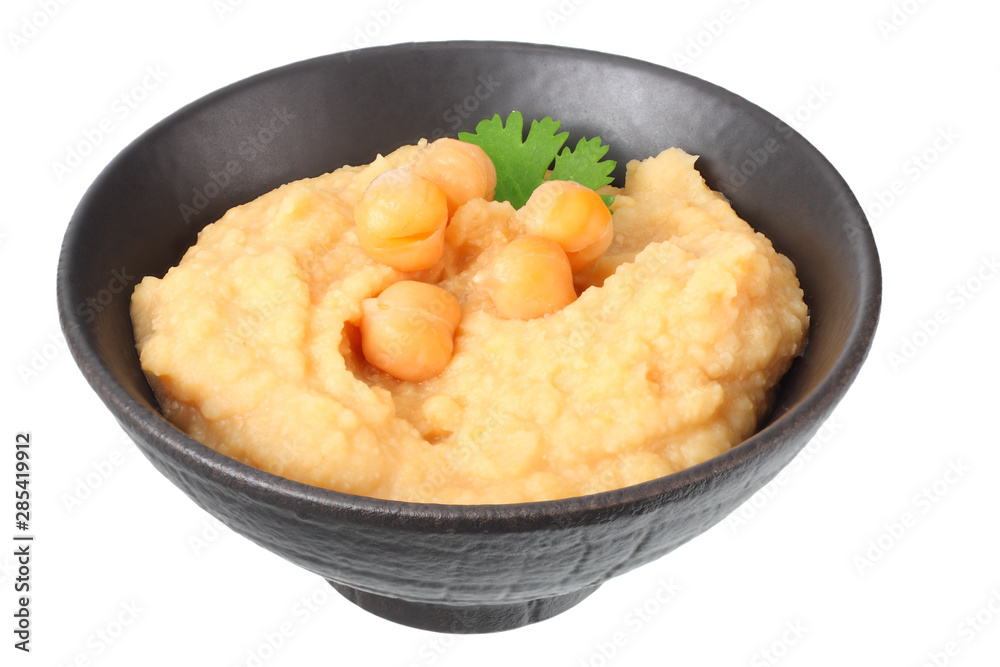 black bowl with chickpea hummus isolated on white background black bowl with chickpea hummus isolated on white background